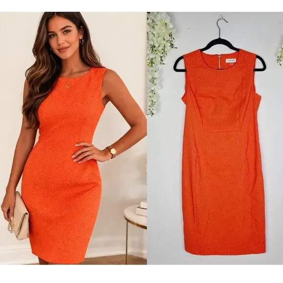 Calvin Klein Sheath Dress 10 Orange Polka Dot Sleeveless Preppy Modern Career - Picture 1 of 14